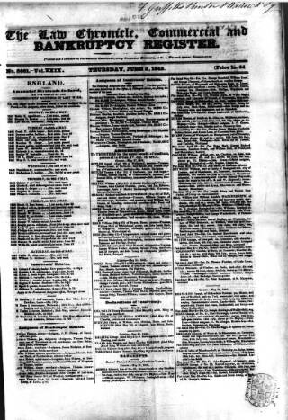 cover page of Law Chronicle, Commercial and Bankruptcy Register published on June 2, 1842