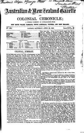 cover page of Australian and New Zealand Gazette published on April 26, 1856