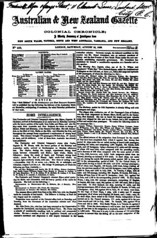 cover page of Australian and New Zealand Gazette published on August 13, 1859