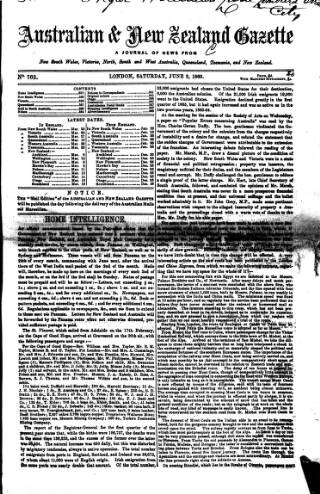 cover page of Australian and New Zealand Gazette published on June 2, 1866