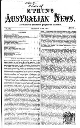 cover page of McPhun's Australian News published on June 1, 1854