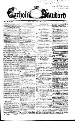 cover page of Weekly Register and Catholic Standard published on March 4, 1854