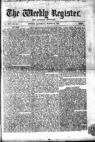 cover page of Weekly Register and Catholic Standard published on March 29, 1862