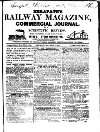 cover page of Herapath's Railway Journal published on December 4, 1841