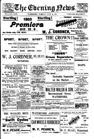 cover page of Evening News (Waterford) published on June 2, 1903