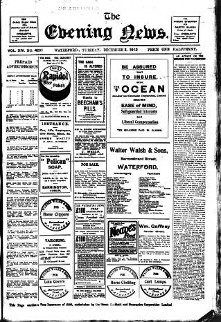 cover page of Evening News (Waterford) published on December 3, 1912