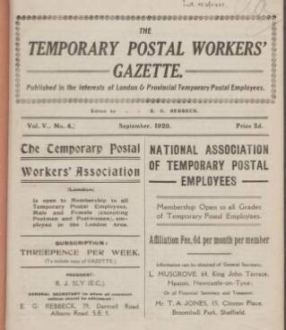 cover page of Temporary Postal Workers' Gazette published on September 1, 1920