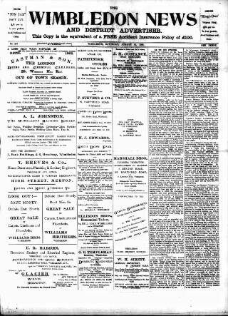 cover page of Wimbledon News published on August 12, 1899