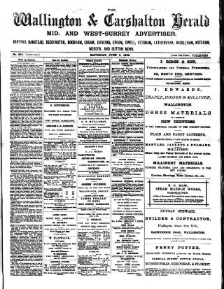 cover page of Wallington & Carshalton Herald published on June 2, 1883