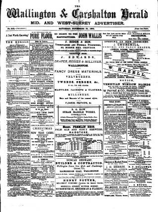 cover page of Wallington & Carshalton Herald published on November 29, 1884