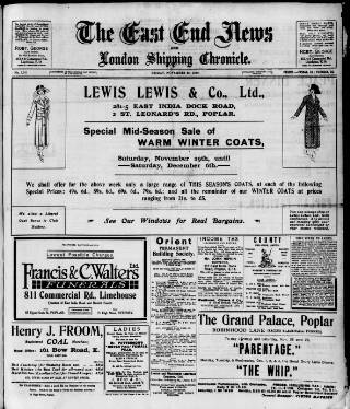 cover page of East End News and London Shipping Chronicle published on November 28, 1919