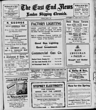 cover page of East End News and London Shipping Chronicle published on June 2, 1931