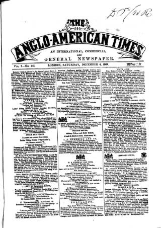 cover page of Anglo-American Times published on December 4, 1869