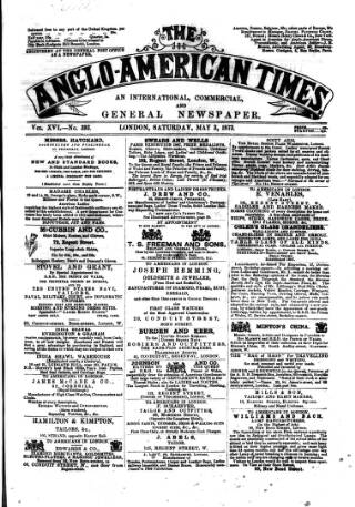 cover page of Anglo-American Times published on May 3, 1873