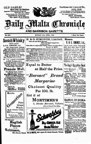 cover page of Daily Malta Chronicle and Garrison Gazette published on April 26, 1915