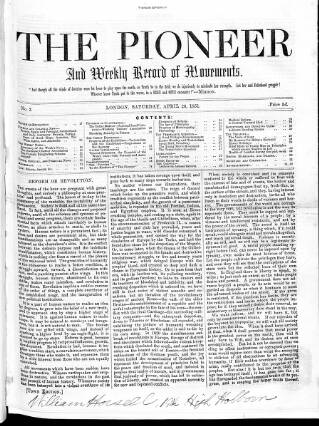 cover page of Pioneer and Weekly Record of Movements published on April 26, 1851