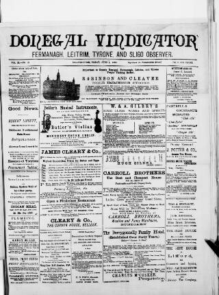 cover page of Donegal Vindicator published on June 2, 1893