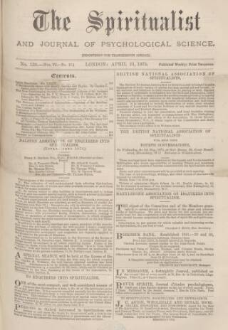 cover page of Spiritualist published on April 23, 1875