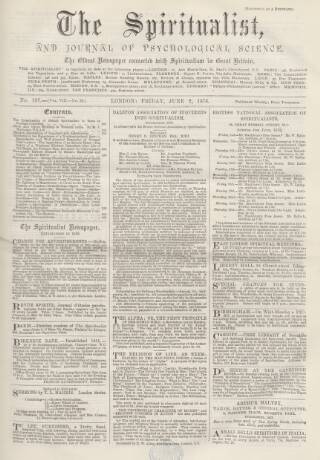cover page of Spiritualist published on June 2, 1876