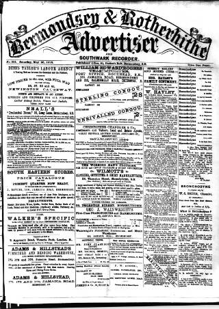 cover page of Southwark and Bermondsey Recorder published on May 25, 1878
