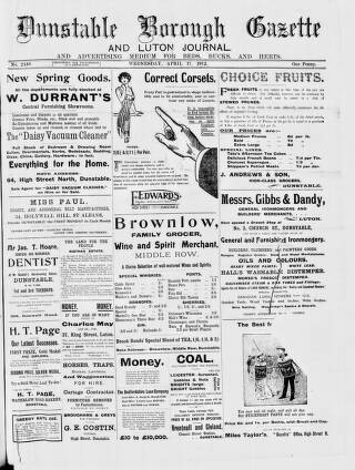 cover page of Dunstable Gazette published on April 17, 1912