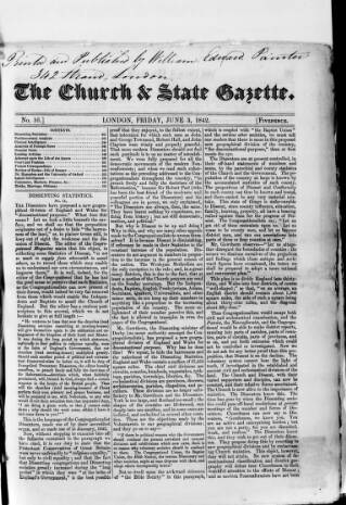 cover page of Church & State Gazette (London) published on June 3, 1842