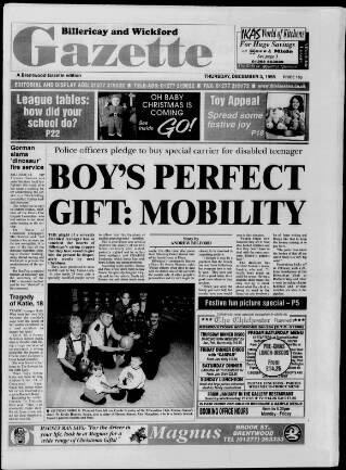 cover page of Billericay Gazette published on December 3, 1998
