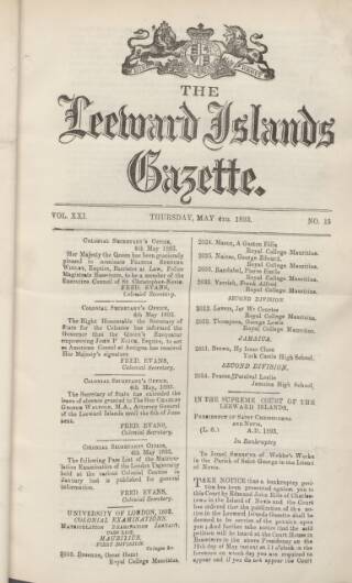 cover page of Leeward Islands Gazette published on May 4, 1893