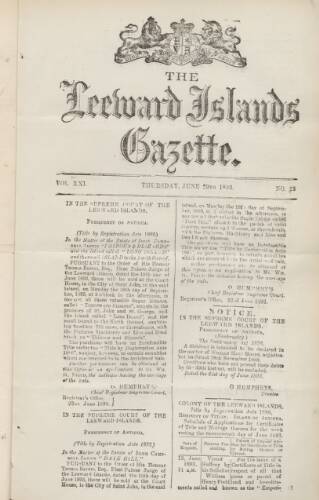 cover page of Leeward Islands Gazette published on June 29, 1893