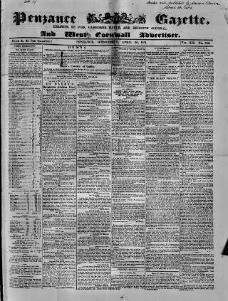 cover page of Penzance Gazette published on April 30, 1851