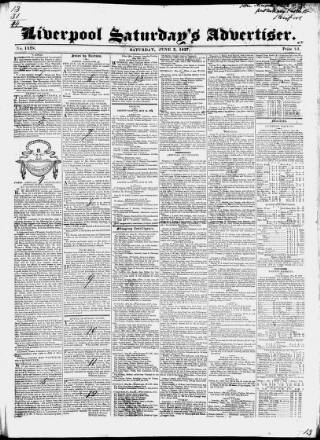 cover page of Liverpool Saturday's Advertiser published on June 2, 1827