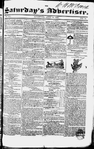 cover page of Liverpool Saturday's Advertiser published on April 21, 1832