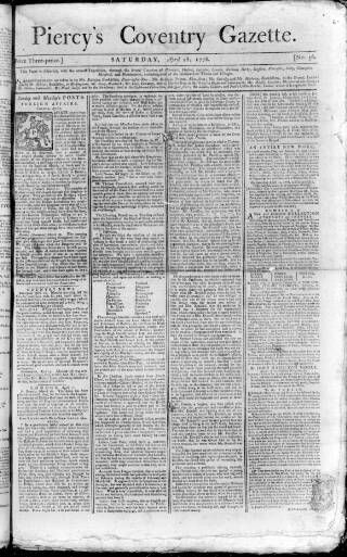 cover page of Piercy's Coventry Gazette published on April 18, 1778